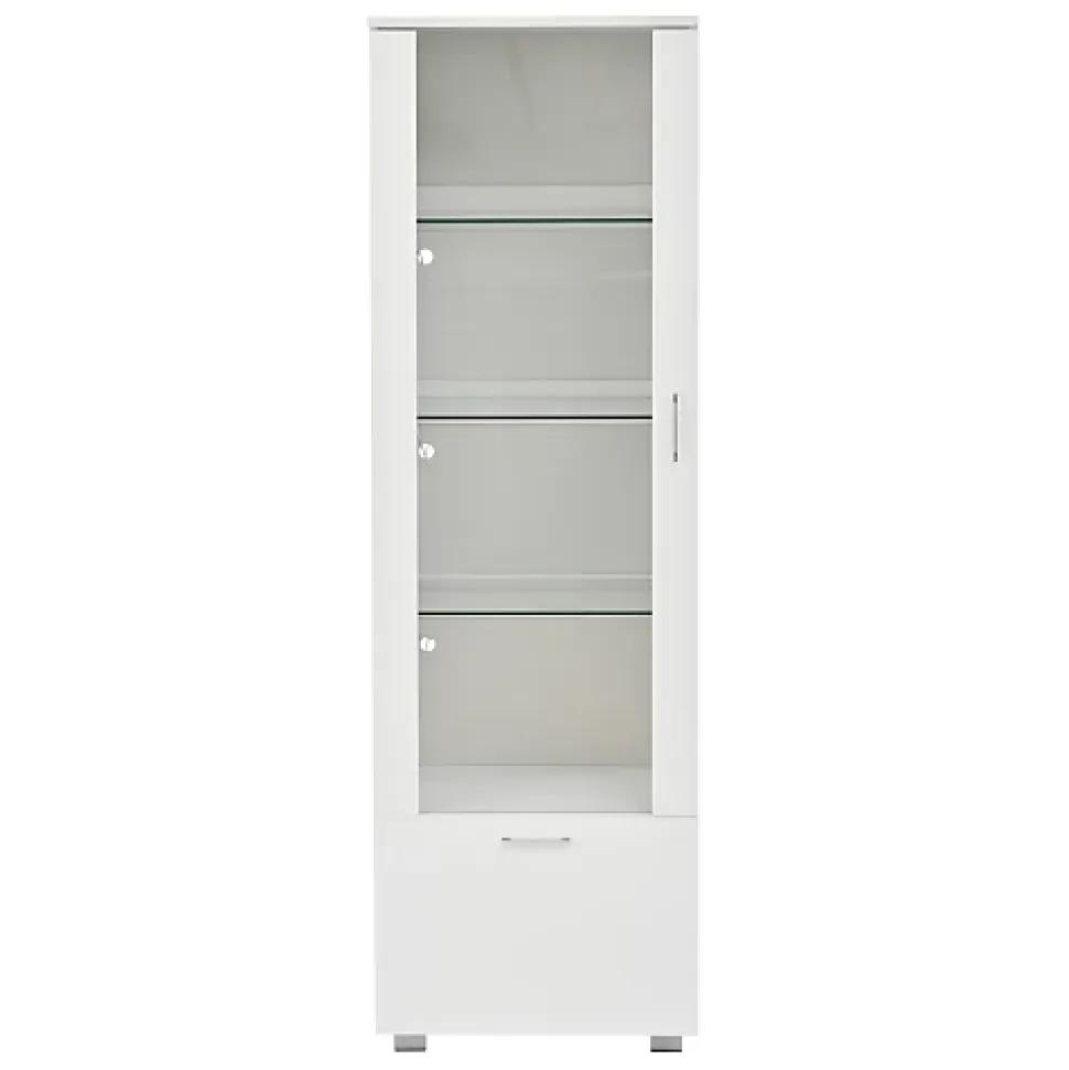 Vitrine laquée brillante avec éclairage LED - Porte en acrylique+1 tiroir - Étagères en verre - Panneaux de particules - Blanc