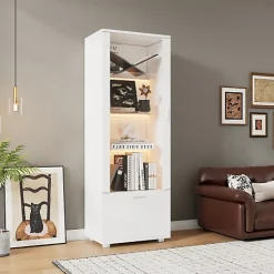 Vitrine laquée brillante avec éclairage LED - Porte en acrylique+1 tiroir - Étagères en verre - Panneaux de particules - Blanc