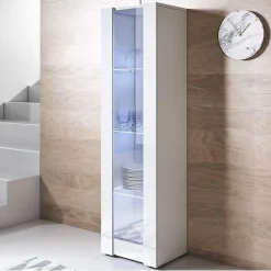 Vitrine LED contemporaine - Blanc brillant - 1 porte - 4 compart. - 40x167x29 cm