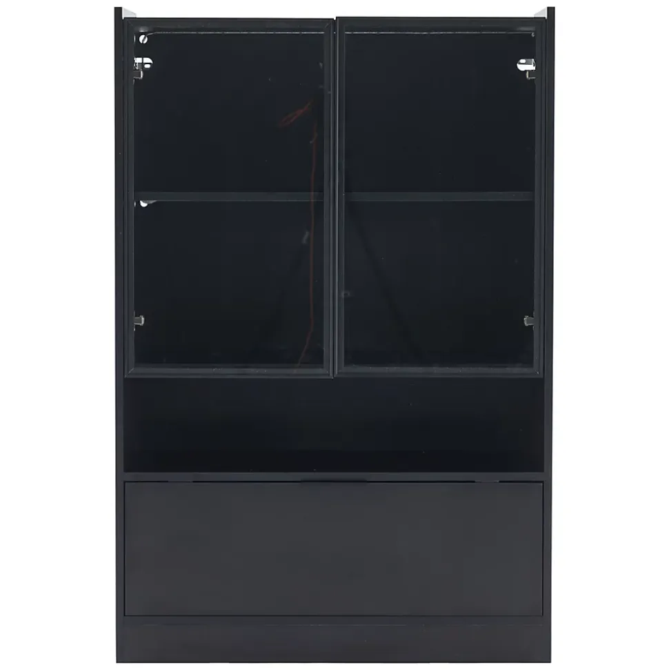 Vitrine LED Salon avec Portes en Verre et Abattante - 16 Couleurs, MDF + Verre Trempé, Noir, 80x35x120 cm
