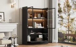 Vitrine LED Salon avec Portes en Verre et Abattante - 16 Couleurs, MDF + Verre Trempé, Noir, 80x35x120 cm