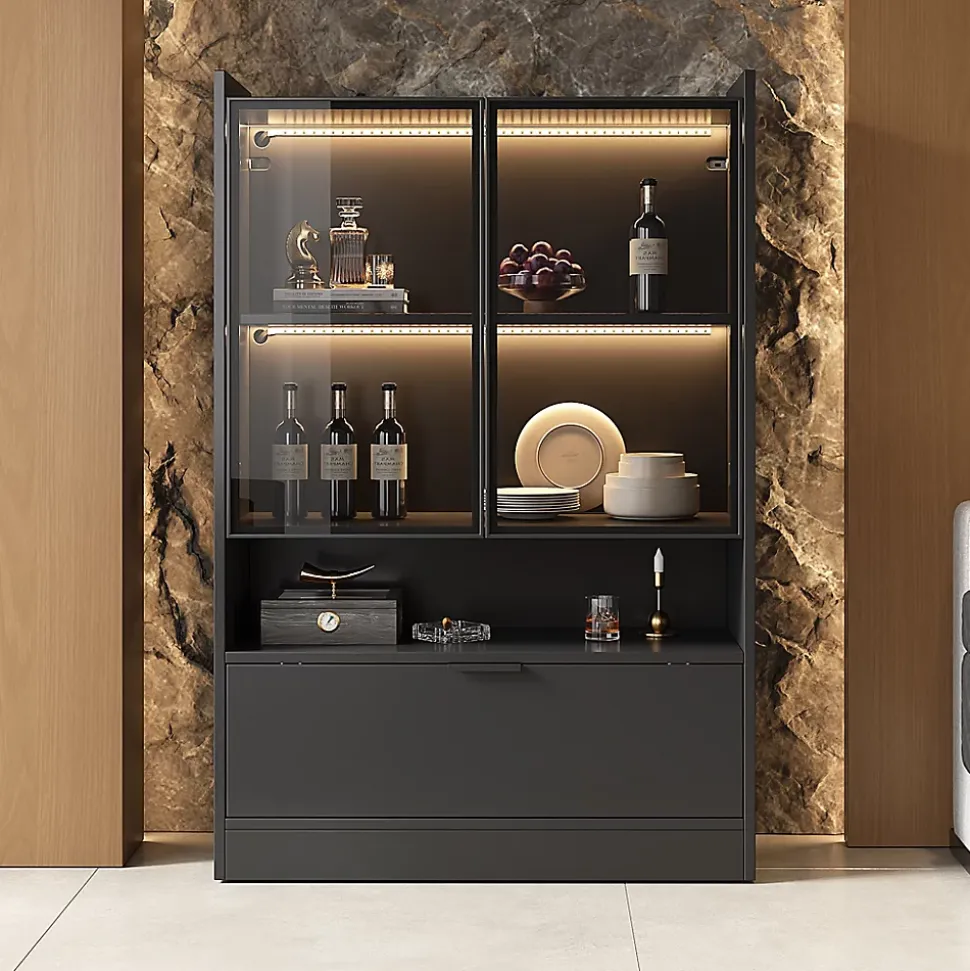 Vitrine LED Salon avec Portes en Verre et Abattante - 16 Couleurs, MDF + Verre Trempé, Noir, 80x35x120 cm