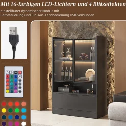 Vitrine LED Salon avec Portes en Verre et Abattante - 16 Couleurs, MDF + Verre Trempé, Noir, 80x35x120 cm