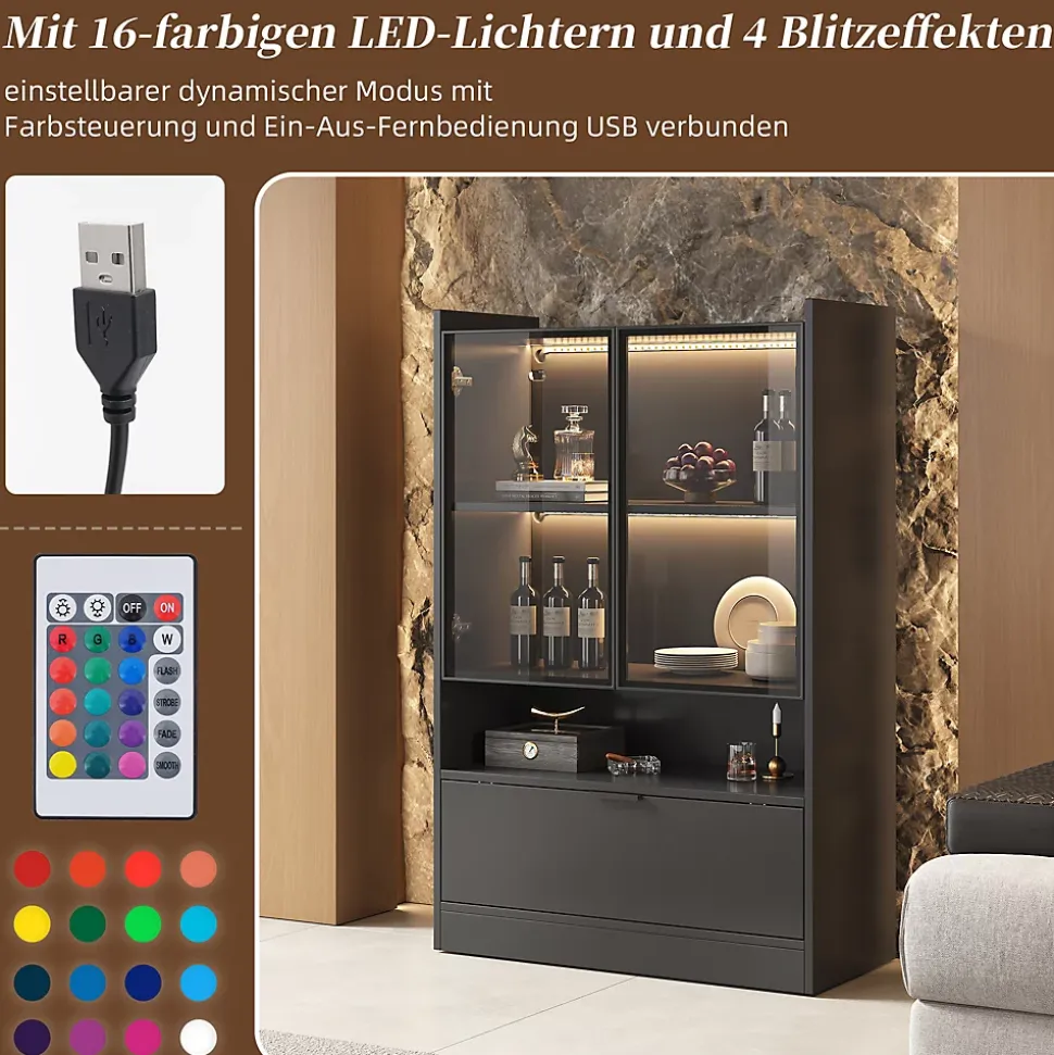 Vitrine LED Salon avec Portes en Verre et Abattante - 16 Couleurs, MDF + Verre Trempé, Noir, 80x35x120 cm