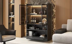 Vitrine LED Salon avec Portes en Verre et Abattante - 16 Couleurs, MDF + Verre Trempé, Noir, 80x35x120 cm
