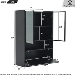 Vitrine LED Salon avec Portes en Verre et Abattante - 16 Couleurs, MDF + Verre Trempé, Noir, 80x35x120 cm