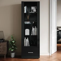 Vitrine LED Sirhona Noir 1720 x 550 x 350 mm Meuble de rangement avec un tiroir de grande capacité, 3 compartiments en verre