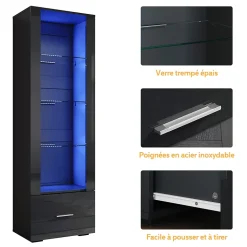Vitrine LED Sirhona Noir 1720 x 550 x 350 mm Meuble de rangement avec un tiroir de grande capacité, 3 compartiments en verre
