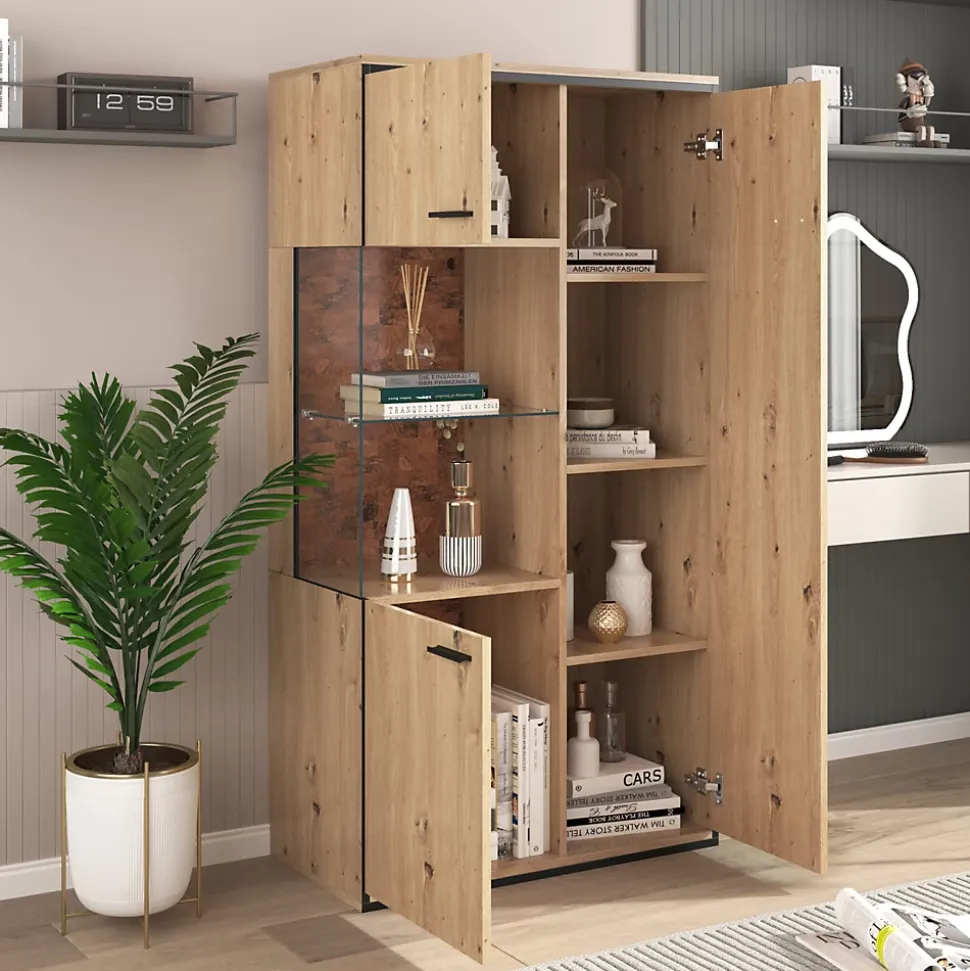 Vitrine LED 150x78x40cm - avec grand espace de rangement porte en verre - meuble de présentation - naturel bois