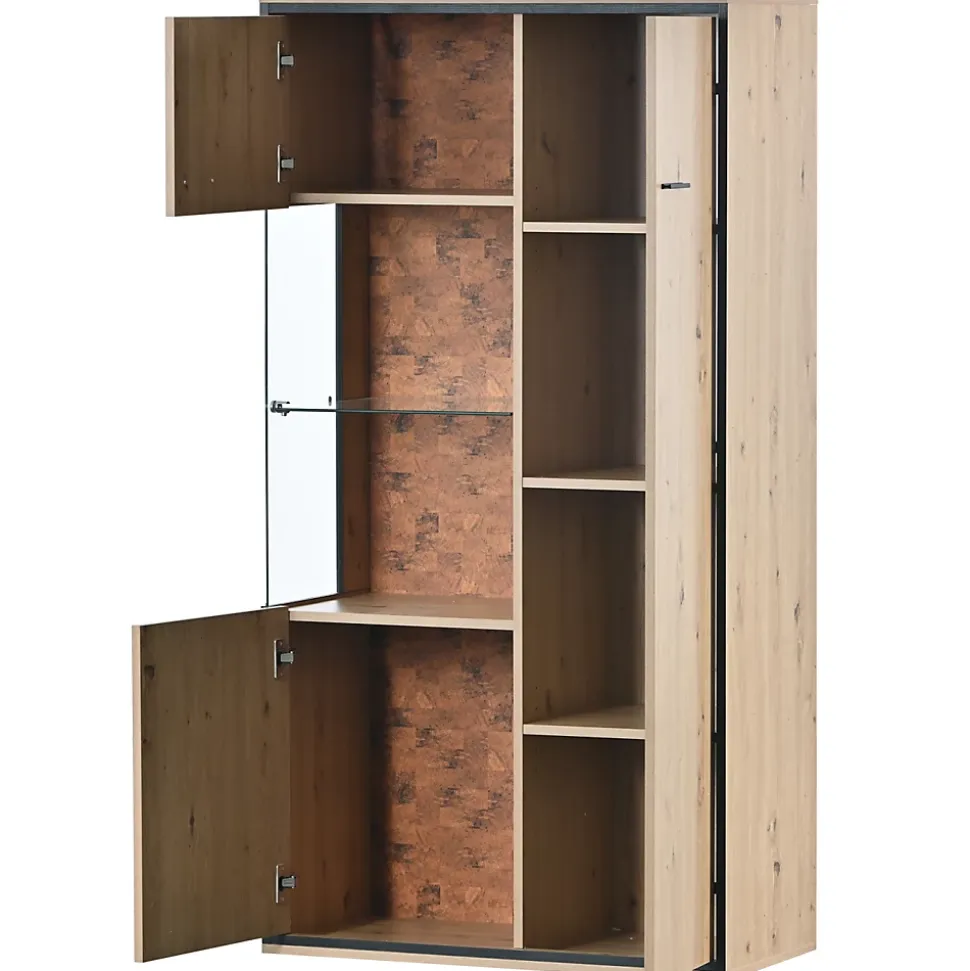 Vitrine LED 150x78x40cm - avec grand espace de rangement porte en verre - meuble de présentation - naturel bois