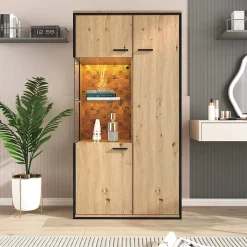 Vitrine LED 150x78x40cm - avec grand espace de rangement porte en verre - meuble de présentation - naturel bois