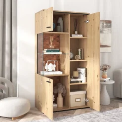 Vitrine LED 150x78x40cm - avec grand espace de rangement porte en verre - meuble de présentation - naturel bois