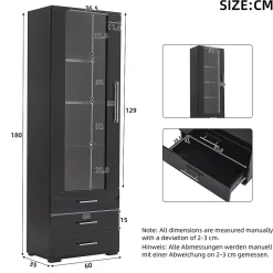 Vitrine Meubles de Salon et de Rangement avec 3 Tiroirs et LED Intégrée - MDF et Acrylique, Noir, 60x35x180 cm