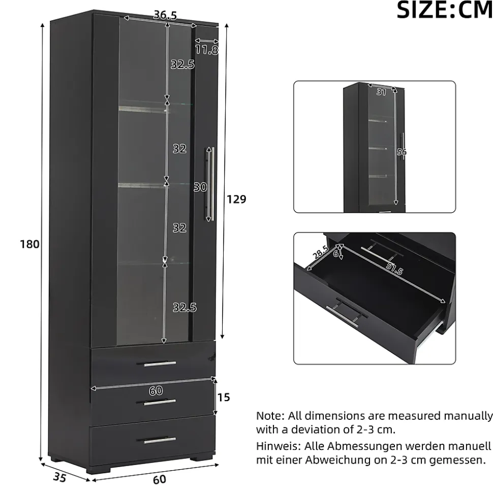 Vitrine Meubles de Salon et de Rangement avec 3 Tiroirs et LED Intégrée - MDF et Acrylique, Noir, 60x35x180 cm