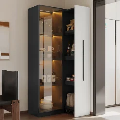 Vitrine mobile avec bibliothèque et LED - 1 porte vitrée et 1 tiroir - Avec roulettes - MDF - Noir et blanc