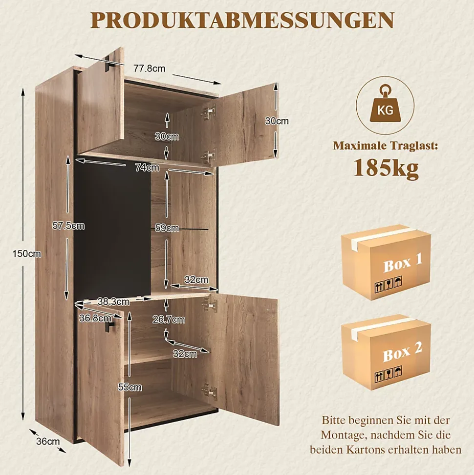 Vitrine Moderne - Meuble de Rangement en Bois avec Portes Battantes et Coulissantes, Étagères Ouvertes, Naturel 77,8x36x150 cm