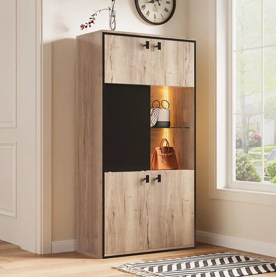 Vitrine Moderne - Meuble de Rangement en Bois avec Portes Battantes et Coulissantes, Étagères Ouvertes, Naturel 77,8x36x150 cm