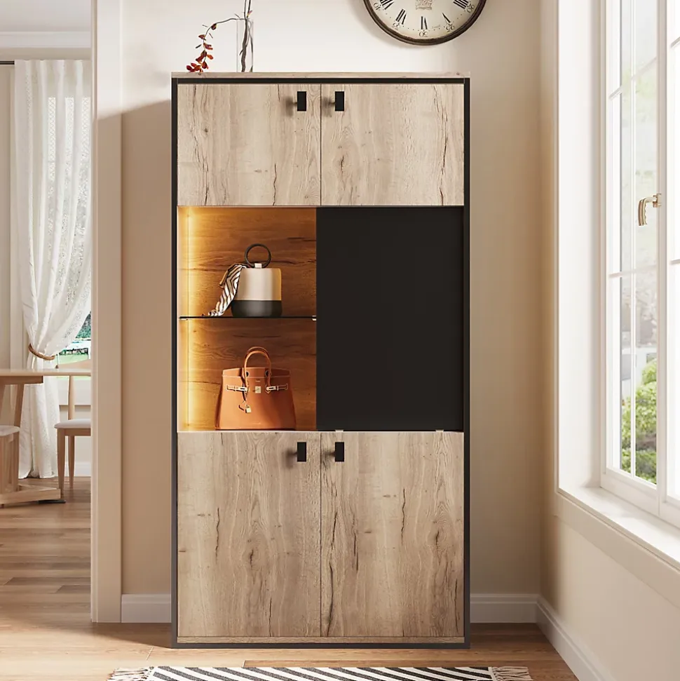 Vitrine Moderne - Meuble de Rangement en Bois avec Portes Battantes et Coulissantes, Étagères Ouvertes, Naturel 77,8x36x150 cm