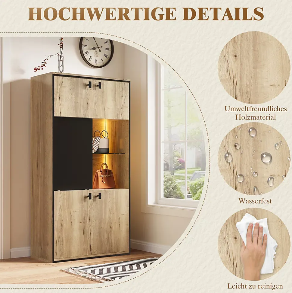 Vitrine Moderne - Meuble de Rangement en Bois avec Portes Battantes et Coulissantes, Étagères Ouvertes, Naturel 77,8x36x150 cm