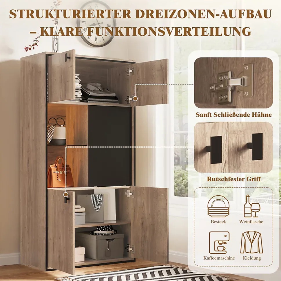 Vitrine Moderne - Meuble de Rangement en Bois avec Portes Battantes et Coulissantes, Étagères Ouvertes, Naturel 77,8x36x150 cm