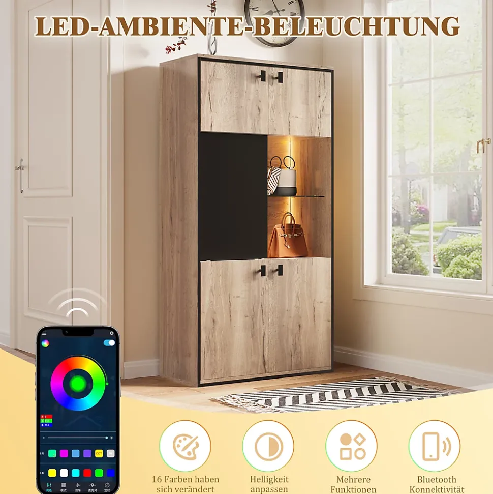 Vitrine Moderne - Meuble de Rangement en Bois avec Portes Battantes et Coulissantes, Étagères Ouvertes, Naturel 77,8x36x150 cm