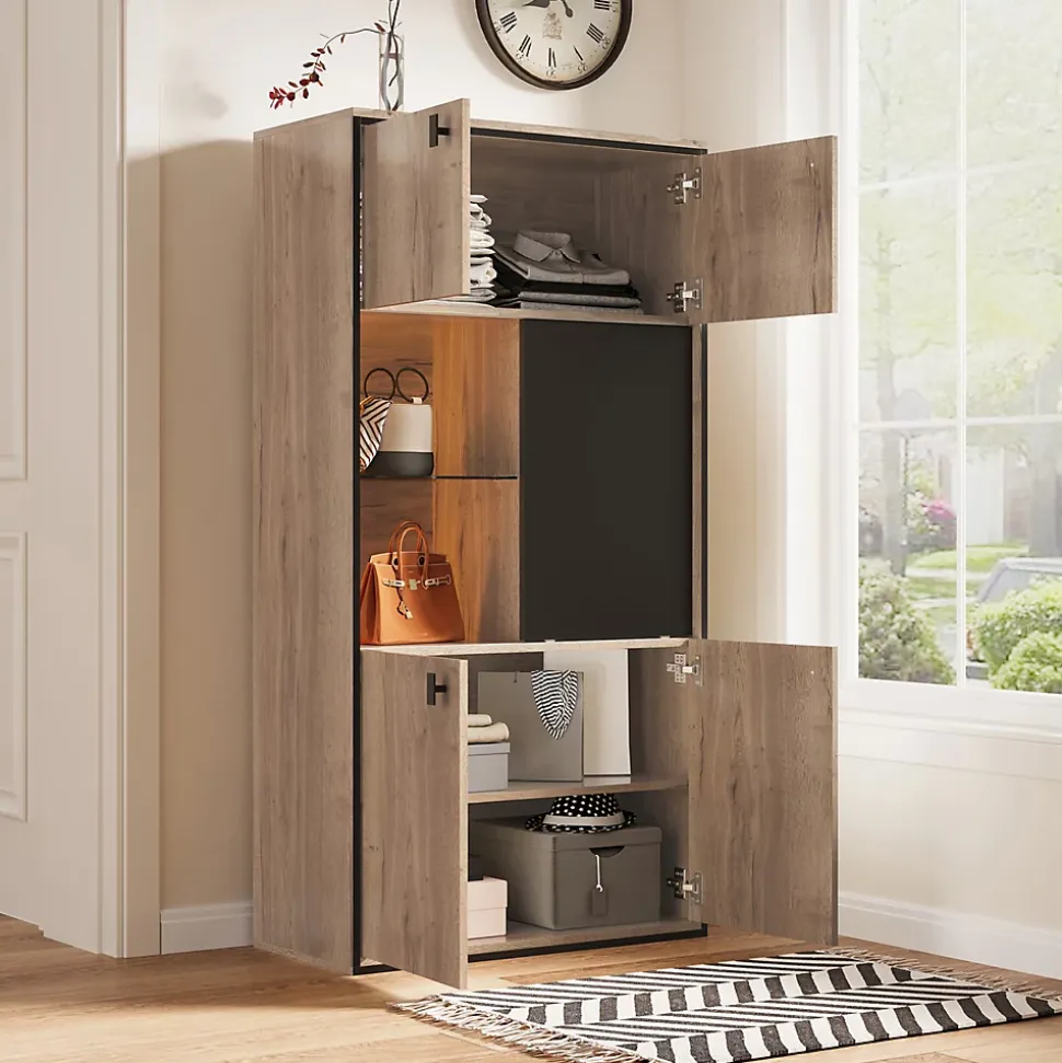 Vitrine Moderne - Meuble de Rangement en Bois avec Portes Battantes et Coulissantes, Étagères Ouvertes, Naturel 77,8x36x150 cm