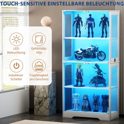 Vitrine Moderne 4 Niveaux avec Éclairage LED et Portes en Verre - Meuble de Rangement Anti-Poussière - Blanc, 80x35x165 cm