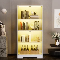 Vitrine Moderne 4 Niveaux avec Éclairage LED et Portes en Verre - Meuble de Rangement Anti-Poussière - Blanc, 80x35x165 cm