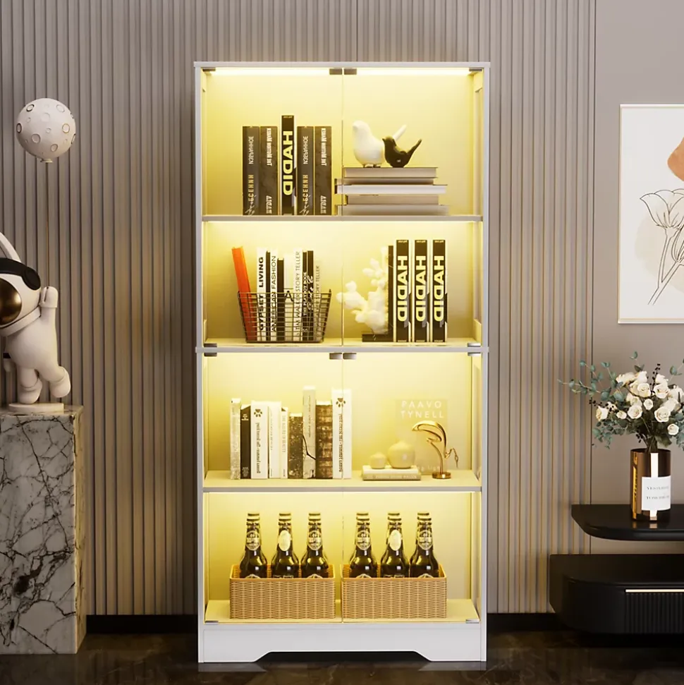 Vitrine Moderne 4 Niveaux avec Éclairage LED et Portes en Verre - Meuble de Rangement Anti-Poussière - Blanc, 80x35x165 cm
