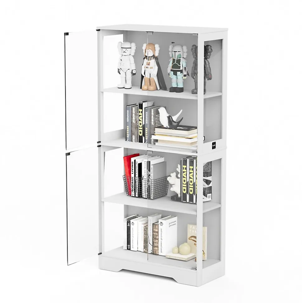 Vitrine Moderne 4 Niveaux avec Éclairage LED et Portes en Verre - Meuble de Rangement Anti-Poussière - Blanc, 80x35x165 cm
