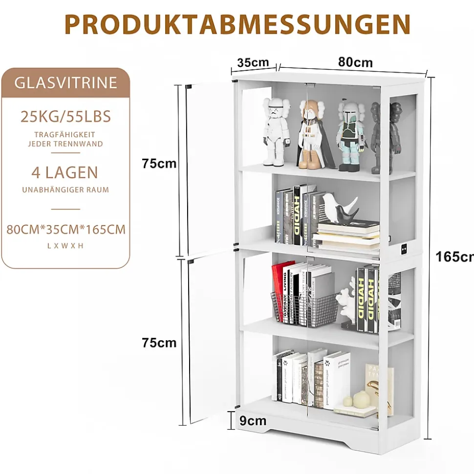 Vitrine Moderne 4 Niveaux avec Éclairage LED et Portes en Verre - Meuble de Rangement Anti-Poussière - Blanc, 80x35x165 cm