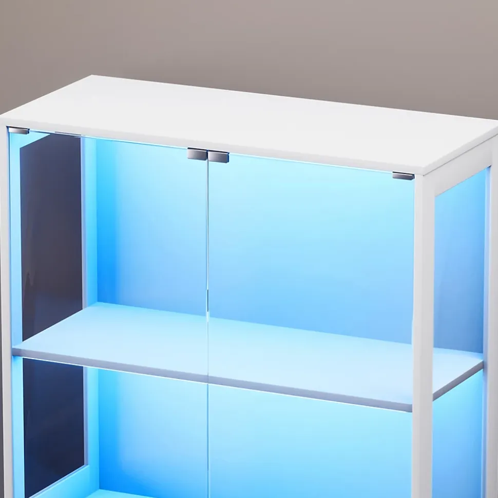 Vitrine Moderne 4 Niveaux avec Éclairage LED et Portes en Verre - Meuble de Rangement Anti-Poussière - Blanc, 80x35x165 cm