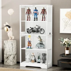 Vitrine Moderne 4 Niveaux avec Éclairage LED et Portes en Verre - Meuble de Rangement Anti-Poussière - Blanc, 80x35x165 cm