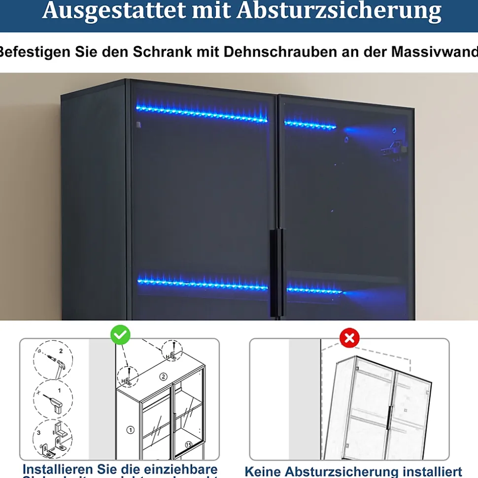 Vitrine Moderne - Vitrine avec Portes Vitrées et LED, Meuble de Rangement et Bibliothèque - 80 x 30 x 200 cm - Noir