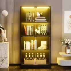 Vitrine Moderne avec 4 Niveaux et Éclairage LED - Meuble de Rangement Intelligent Anti-Poussière en Verre - Noir, 80x35x165 cm