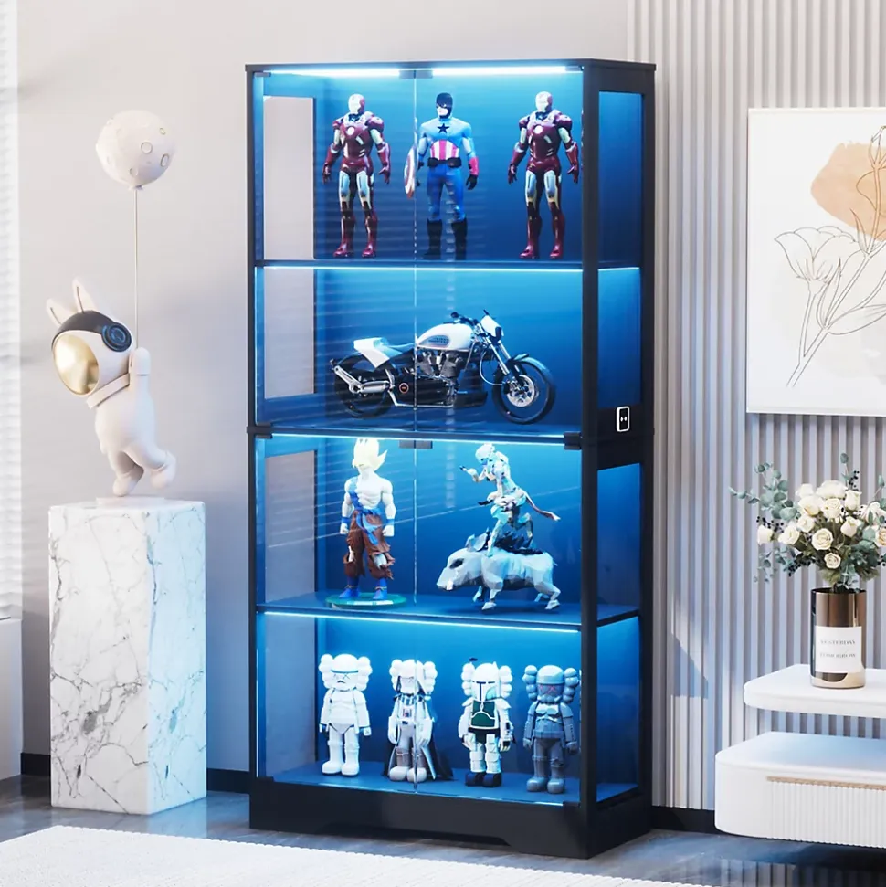 Vitrine Moderne avec 4 Niveaux et Éclairage LED - Meuble de Rangement Intelligent Anti-Poussière en Verre - Noir, 80x35x165 cm