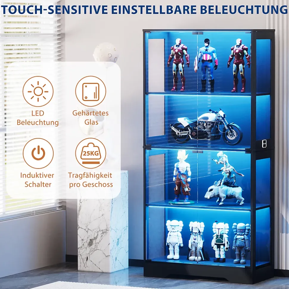 Vitrine Moderne avec 4 Niveaux et Éclairage LED - Meuble de Rangement Intelligent Anti-Poussière en Verre - Noir, 80x35x165 cm