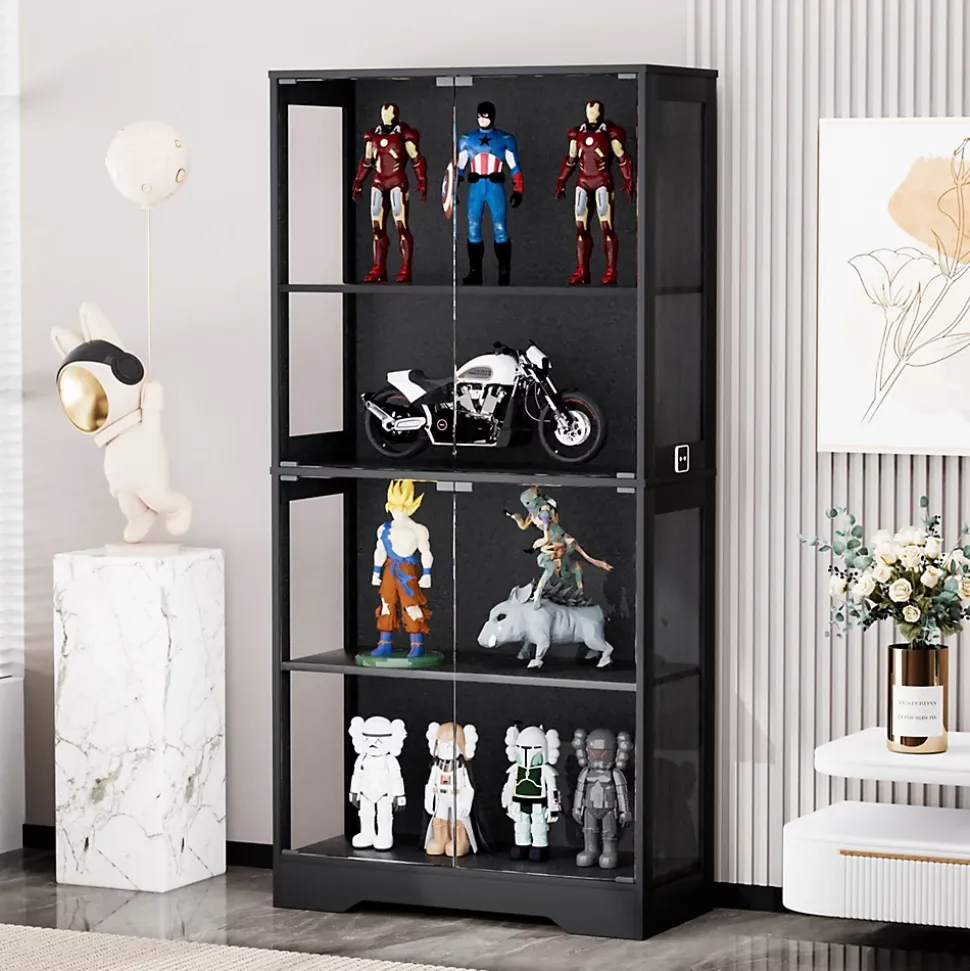 Vitrine Moderne avec 4 Niveaux et Éclairage LED - Meuble de Rangement Intelligent Anti-Poussière en Verre - Noir, 80x35x165 cm