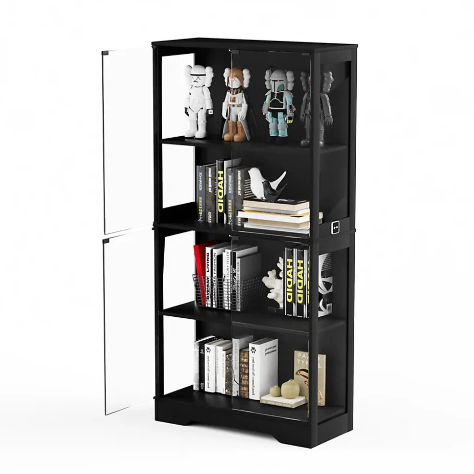 Vitrine Moderne avec 4 Niveaux et Éclairage LED - Meuble de Rangement Intelligent Anti-Poussière en Verre - Noir, 80x35x165 cm