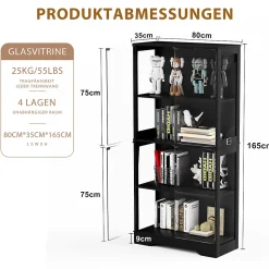 Vitrine Moderne avec 4 Niveaux et Éclairage LED - Meuble de Rangement Intelligent Anti-Poussière en Verre - Noir, 80x35x165 cm