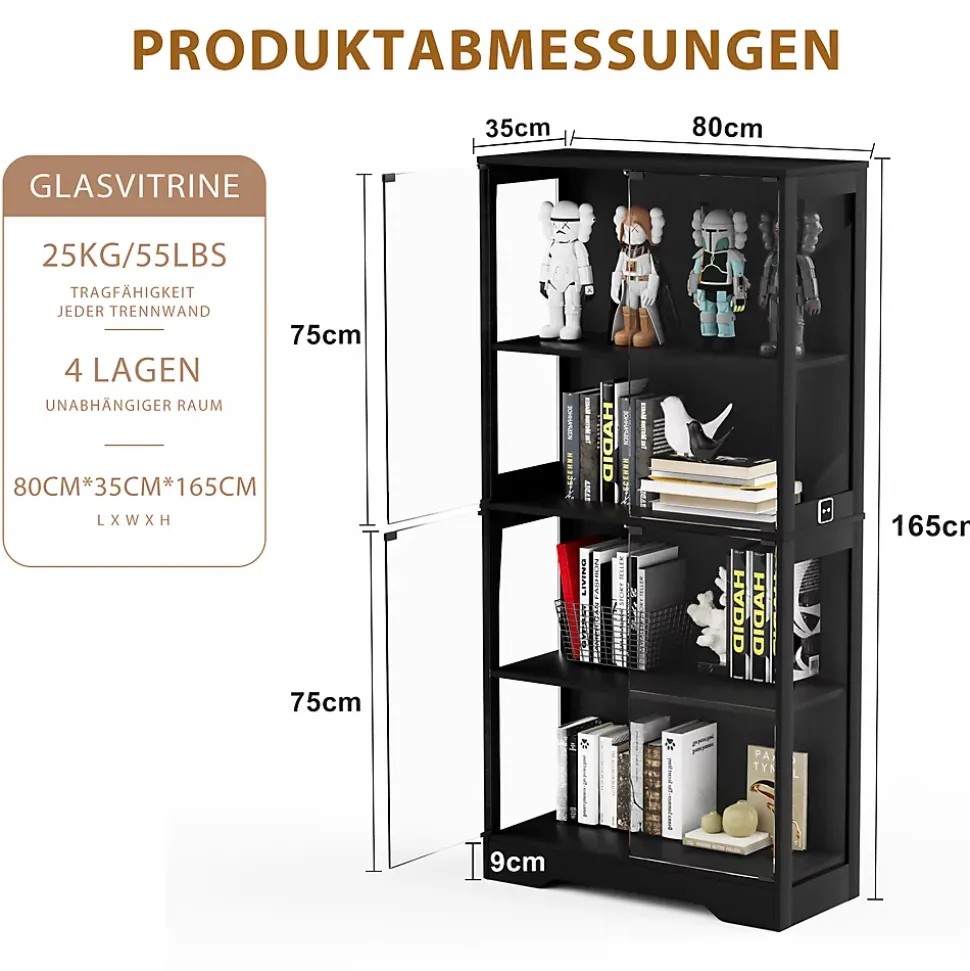Vitrine Moderne avec 4 Niveaux et Éclairage LED - Meuble de Rangement Intelligent Anti-Poussière en Verre - Noir, 80x35x165 cm