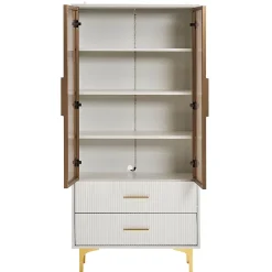 Vitrine Moderne avec 2 Portes en Verre, 2 Tiroirs et 3 Étagères Réglables - MDF - Blanc - 70x35x150 cm