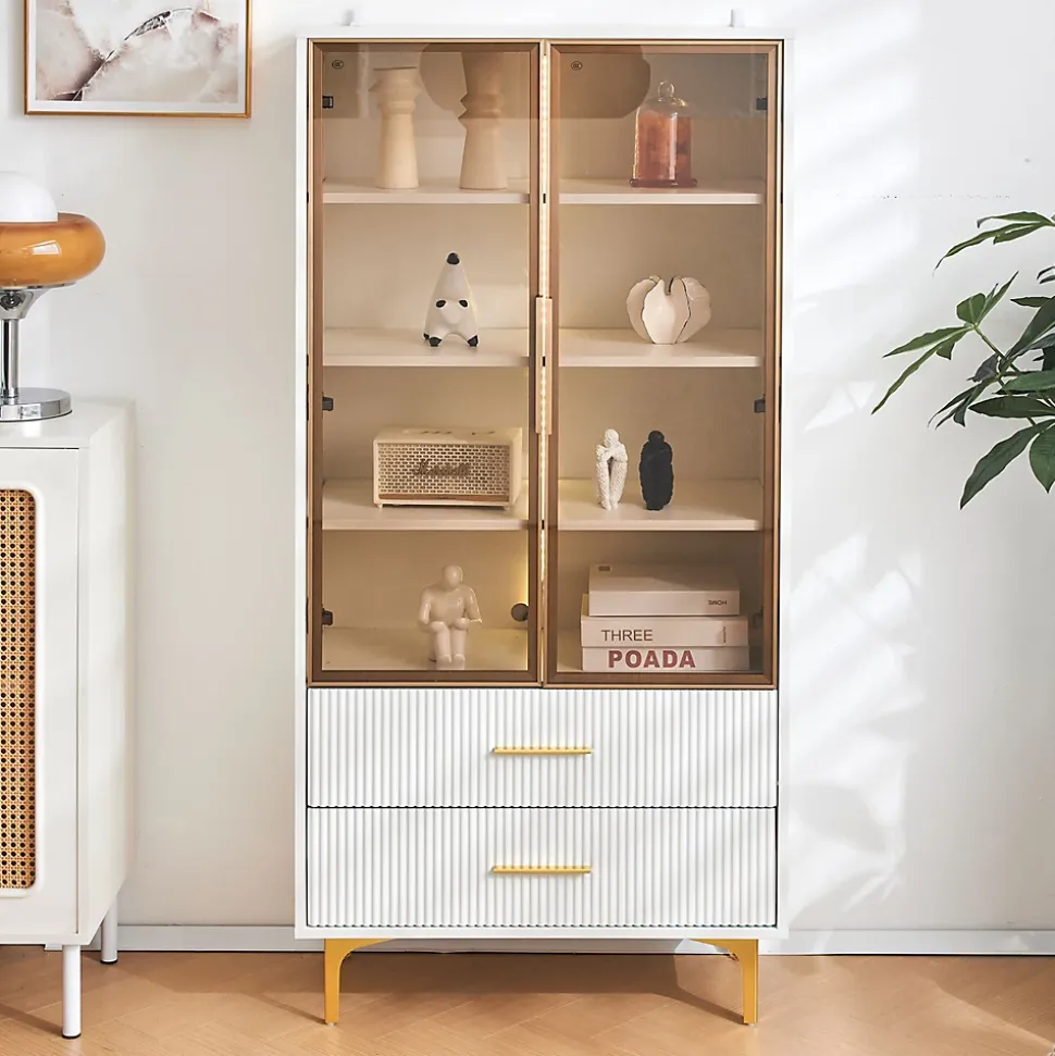 Vitrine Moderne avec 2 Portes en Verre, 2 Tiroirs et 3 Étagères Réglables - MDF - Blanc - 70x35x150 cm