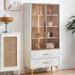 Vitrine Moderne avec 2 Portes en Verre, 2 Tiroirs et 3 Étagères Réglables - MDF - Blanc - 70x35x150 cm