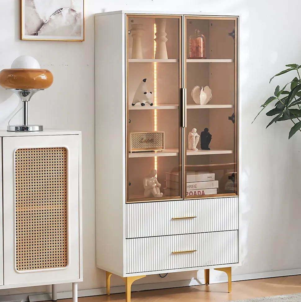 Vitrine Moderne avec 2 Portes en Verre, 2 Tiroirs et 3 Étagères Réglables - MDF - Blanc - 70x35x150 cm