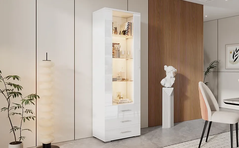 Vitrine Moderne avec 3 Tiroirs et Éclairage LED Intégré - Meuble de Salon Haut Brillant en MDF et Acrylique, Blanc, 60x35x180 cm