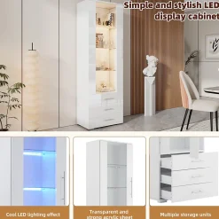 Vitrine Moderne avec 3 Tiroirs et Éclairage LED Intégré - Meuble de Salon Haut Brillant en MDF et Acrylique, Blanc, 60x35x180 cm