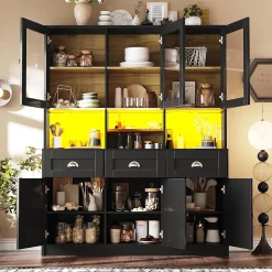 Vitrine Moderne avec Éclairage LED - Buffet Haut avec Étagères Réglables et Meuble de Rangement Haut, MDF, 140x40x175 cm, Noir