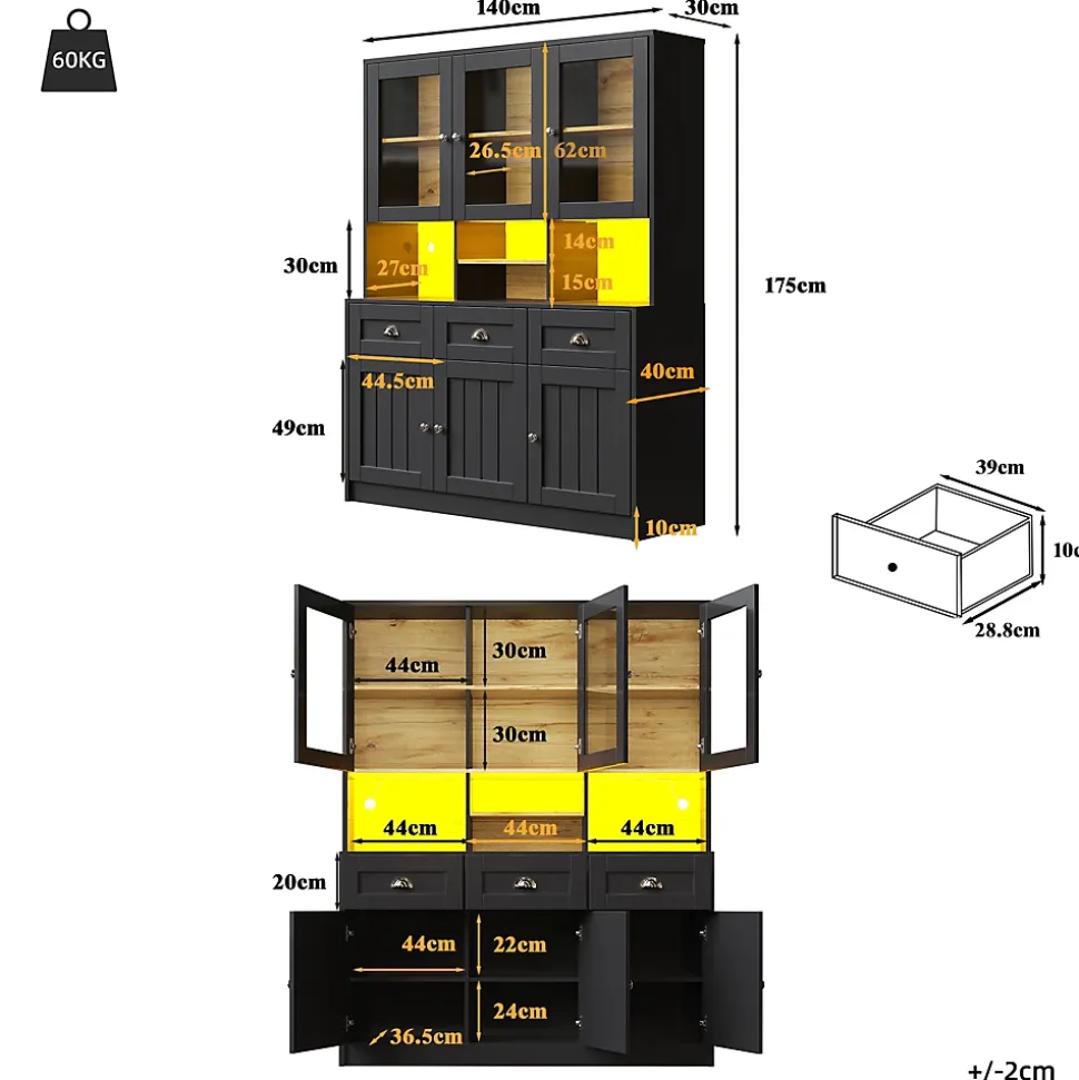 Vitrine Moderne avec Éclairage LED - Buffet Haut avec Étagères Réglables et Meuble de Rangement Haut, MDF, 140x40x175 cm, Noir