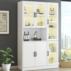 Vitrine Moderne avec Éclairage LED 16 Couleurs, 6 Portes dont 4 en Acrylique, Meuble de Rangement pour Salon, Blanc, 120x40x200 cm